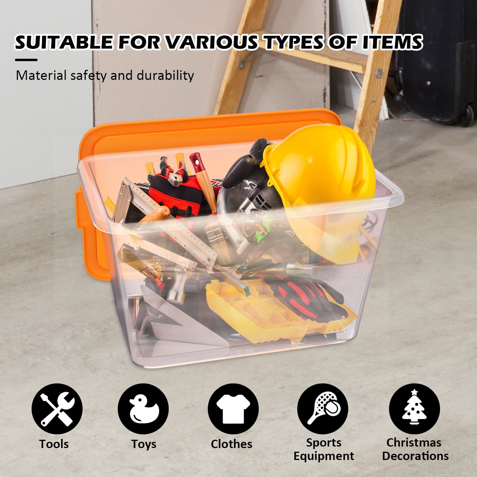 4-Pack 58-Quart Plastic Storage Bins with Lids, See-Through Plastic Totes, A, Stackable Totes, 14.5-Gallon (58-Quart) - Orange&Clear