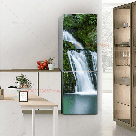 Waterfall Photo Printed Fridge Door Sticker Waterproof PVC Natural Landscape Waterfall Forest Kitche