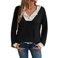 thumbnail image 3 of Camisetas de Larga de Moda de Otoño para Mujer, Sudaderas con Cuello en V y Botones de Patchwork, Tops Casuales Tipo Pulóver Negro XXL, 3 of 9
