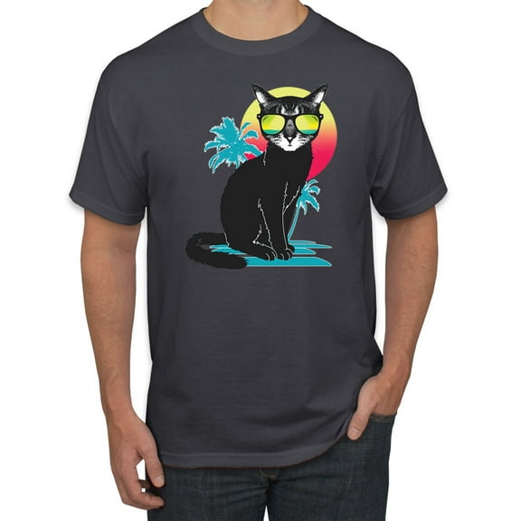 Cool California Beach Kitten Silhouette Sun Cat | Mens Cat Lover Graphic T-Shirt, Charcoal, Small