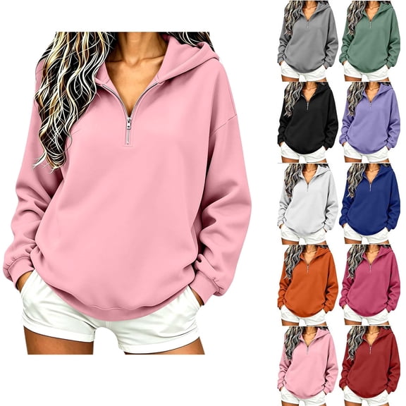 Sevevn Women's Half Zip Hoodie Long Sleeve Pullover Sweatshirt Casual Loose Hooded Tops Pink M