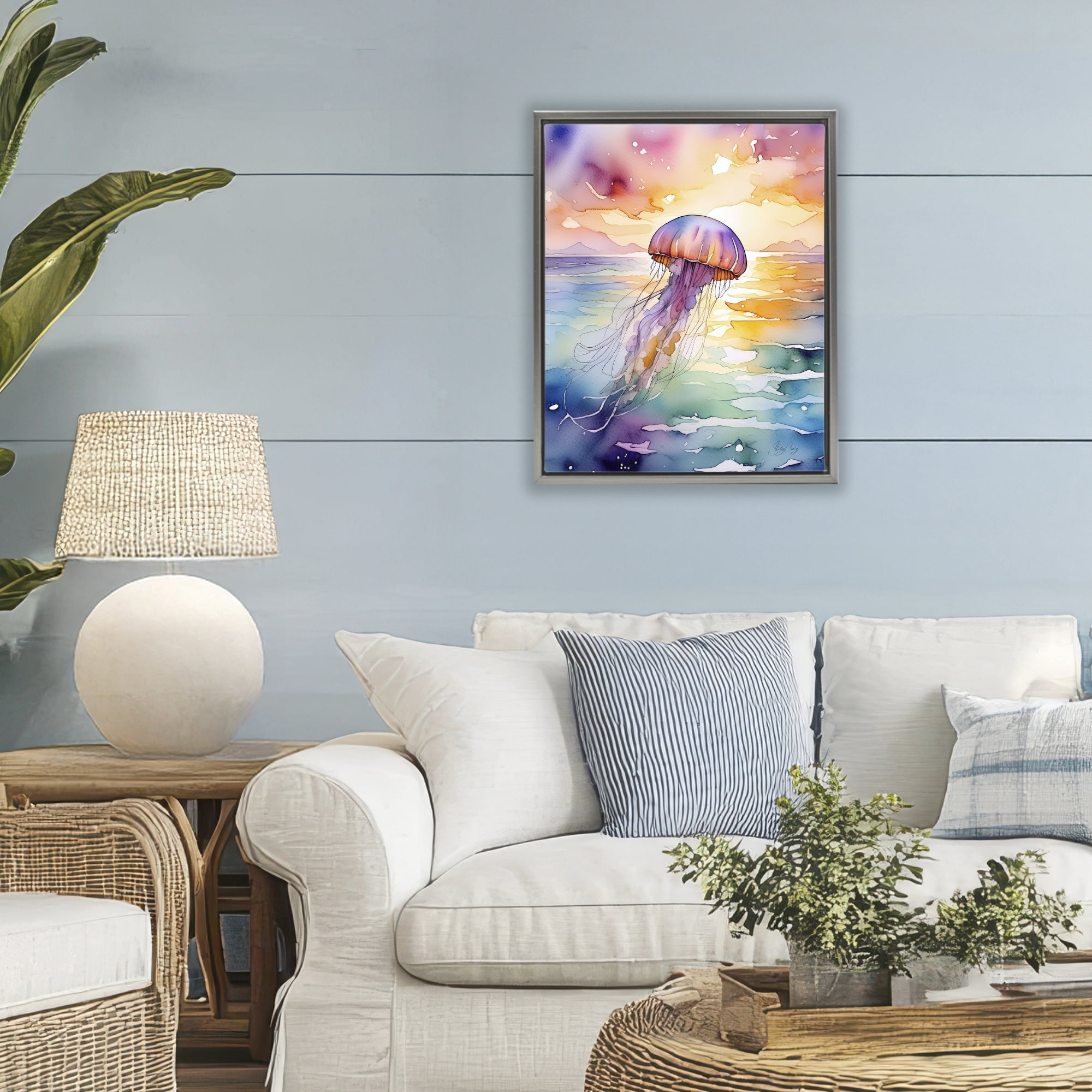 Stupell Industries Celestial Drift Jellyfish Gray Framed Floater Canvas Wall Art, design by Shelly Craig