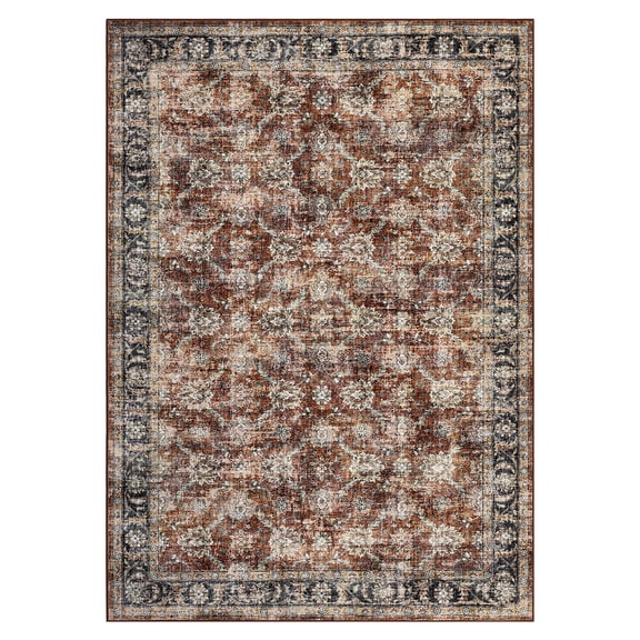 Vintage Floral Rug – Washable Soft Oriental Non-Slip Low Pile, Indoor Distressed Traditional Accent for Living Room Hallway Bedroom Nursery – 5x7 / 8x10 ft