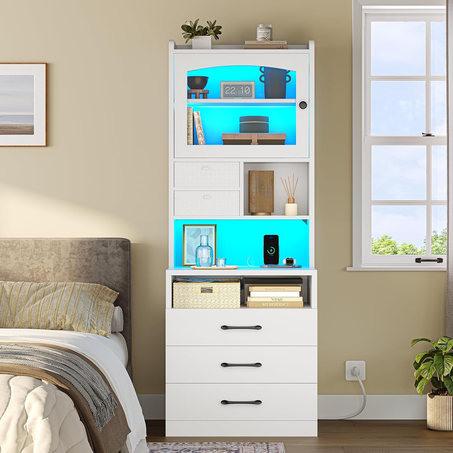 59'' Tall Nightstand with Charging Station, Acrylic Display Cabinet, 2 Fabric Bins, 3 Storage Drawers & Open Shelves, Bedside Table End Side Tables for Bedroom, White