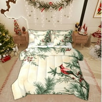 Feelyou Winter Tree Bedding Comforter Set 7pcs, Kawaii Red Bird King Bedding Sets, Vintage Christmas Festival Reversible Bed Sheets, Luxury Bedroom Decor