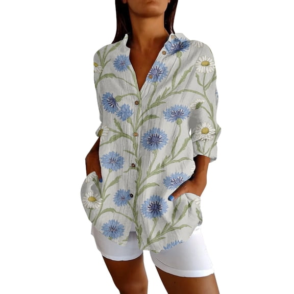 QASIEATN Button Down Shirts for Women 3/4 Sleeve Linen Cotton V Neck Tops Casual Loose Work Blouses