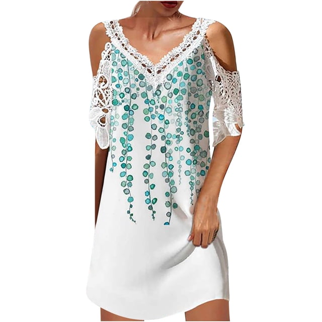 Cameland Robe Femme Mode Aguichant à Col en V à Manches Courtes Ajourée Imprimée à Épaules Dénudées