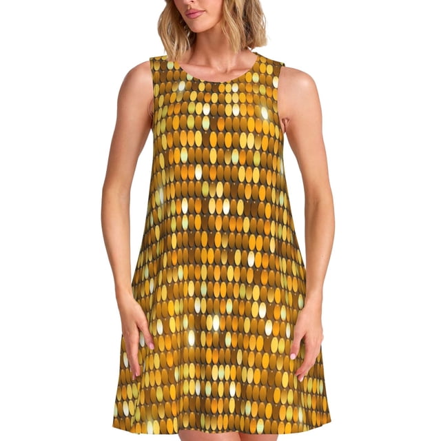Balery Bright Shiny Golden Vestidos de verano para mujer con estampado: vestido holgado sin mangas, vestido playero informal y cómodo para días calurosos.