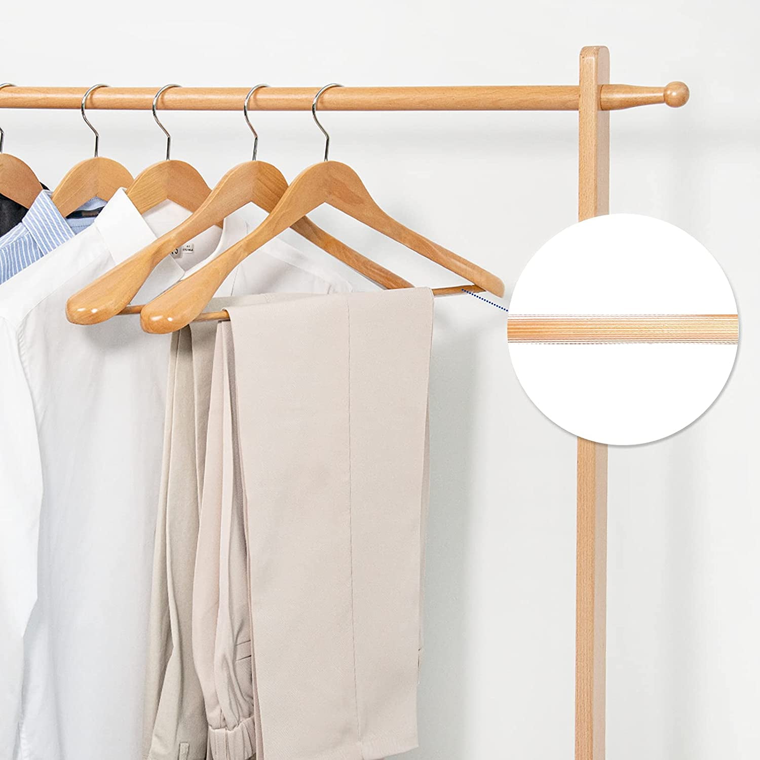 Luxury Natural Wooden Suit Hangers - 6 Pack with Glossy Finish, Extra-Wide Shoulders, 360-Degree Swivel Hooks and Anti-Slip Bar with Screw