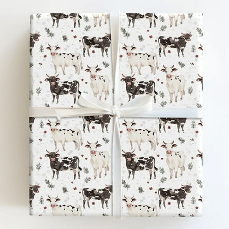 Watercolor Christmas Cows with Holly Berries Farmhouse Gift Wrapping Paper