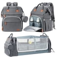 thumbnail image 1 of DERJUNSTAR Mochila para pañales de bebé, estación para cambiar pañales, bolsas de bebé para niños y niñas, puerto de carga USB, estuche para chupete, parasol y barra de juguetes, gris pálido, 1 of 5