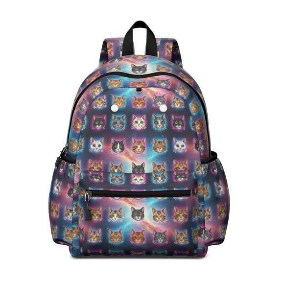 Multicolor Cat Head Purple Pattern Cute School Backpack with Padded Back and Adjustable Shoulder Straps 13.4"x11"x4.7"