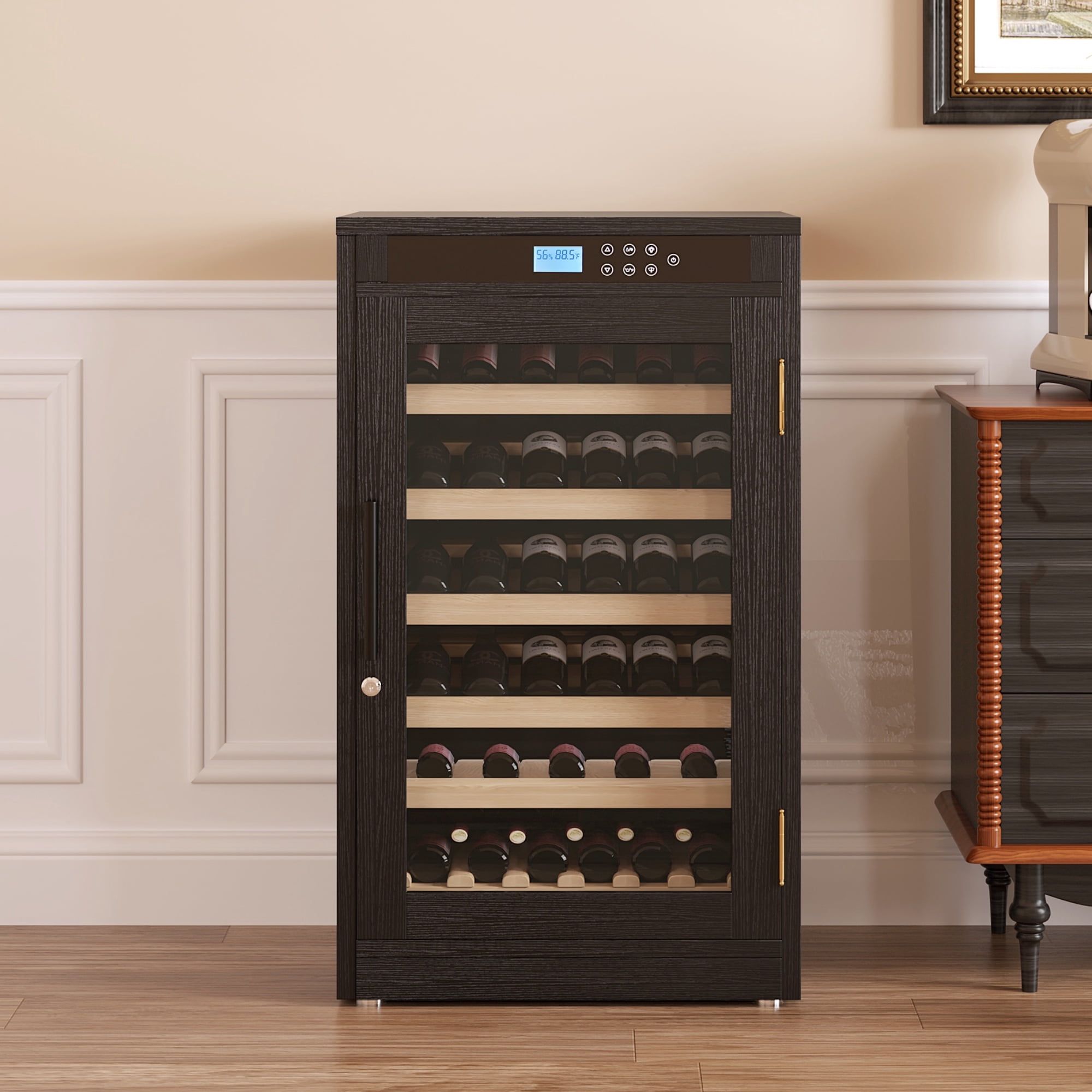 69-Bottle Freestanding Black Wine Fridge | Touch screen control, light-blocking glass, and precise temp regulation for optimal aging