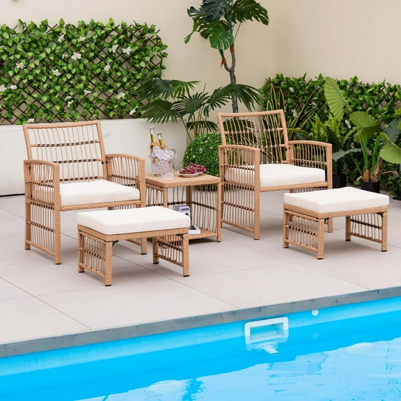 Costway 5 Piece Patio Rattan Wicker Conversation Set with 2-Tier Coffee Table & 2 Ottomans