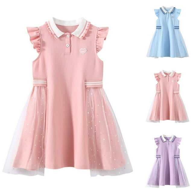 LOVZFMLL Girls' Summer Short Sleeve Ruffled Lace Round-Neck Embroidery Mesh Princess Bow Skirt