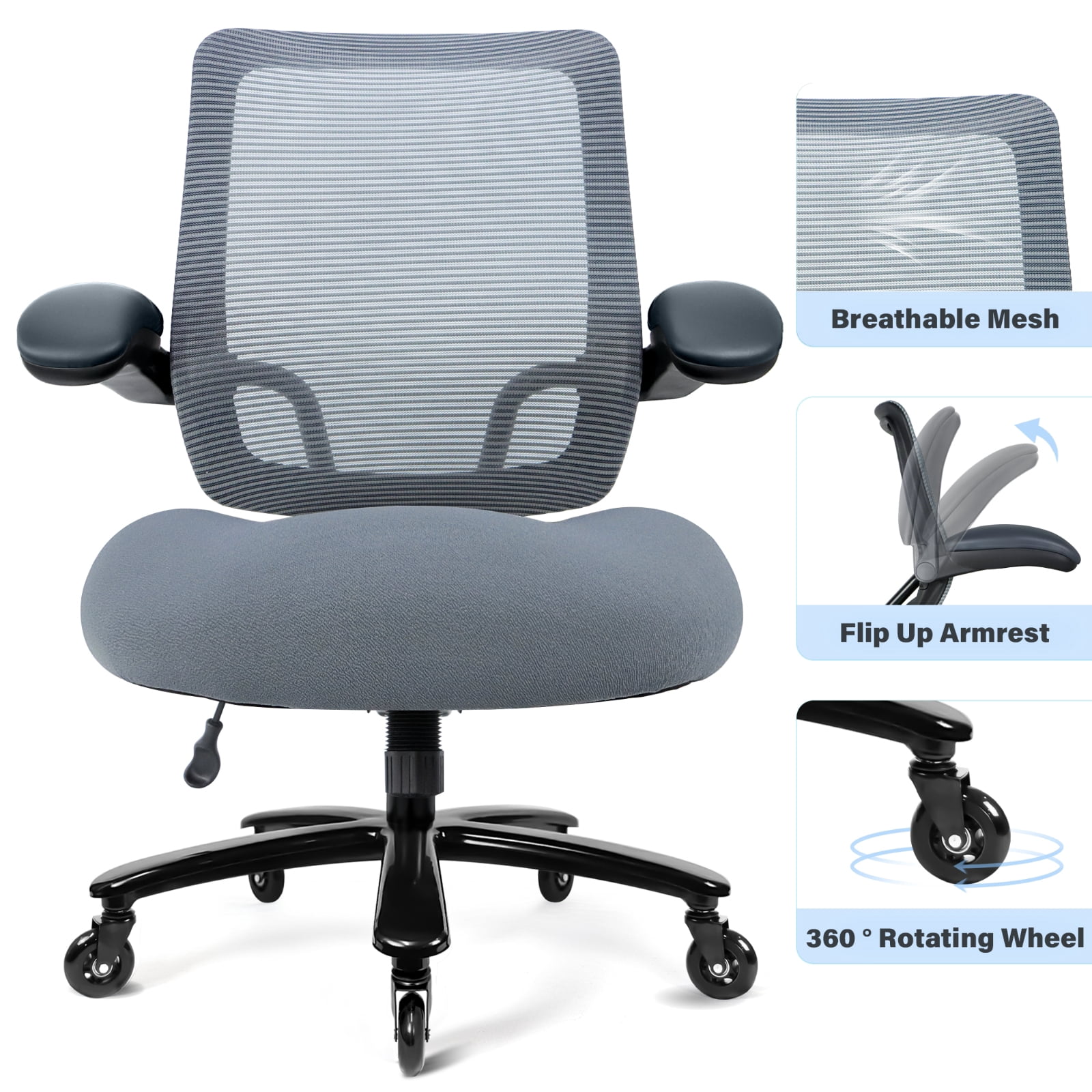 Big and Tall Office Chair 500 lbs, Heavy Duty Ergonomic Mesh Computer Chair with Wide Seat, Flip-up Armrests, Metal Base and Blade Wheels, Gray