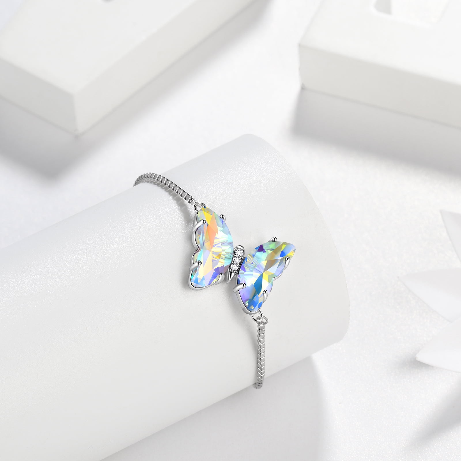 White Butterfly Bracelet 925 Sterling Silver April Birthstone Bracelet Jewelry Crystal Women Birthday Mother's Day Gifts Juwaliy