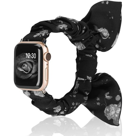Compatible with Apple Watch Band 42 44 45mm with Butterfly Bow Bunny Ears Cloth Fabric Elastic Scrunchy Bracelet Women Girl iWatch Series SE 7 6 5 4 3