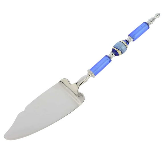 GlassOfVenice Italian Murano Glass Cake Server - Silver Blue Stripes