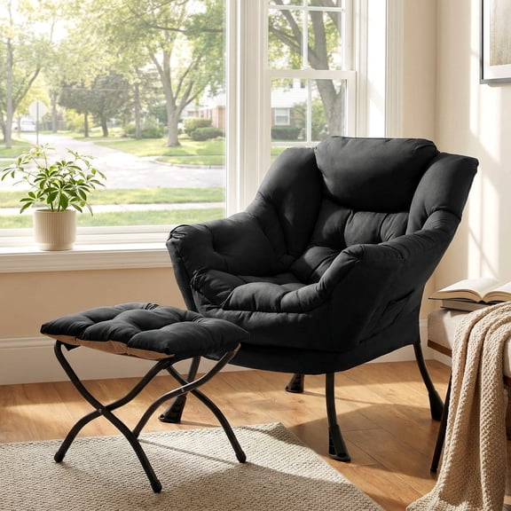 TLSUNNY Lazy Chair with Foldable Ottoman, Modern Comfy Lounge Chair, Large Sofa Armchair with Footrest and a Side Pocket, Reading Chair with Footstool for Bedroom, Living Room, Dorm