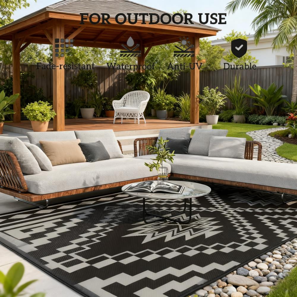 9' x 18' Black and Gray Square Patchwork Patio Rug, Reversible Waterproof Plastic Straw Outdoor Rug, Foldable Portable RV Camping Mat with Carry Bag