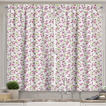 Ambesonne Spring Kitchen Curtains, Aquarelle Style Flowers, 55"x39", Pale Pink White