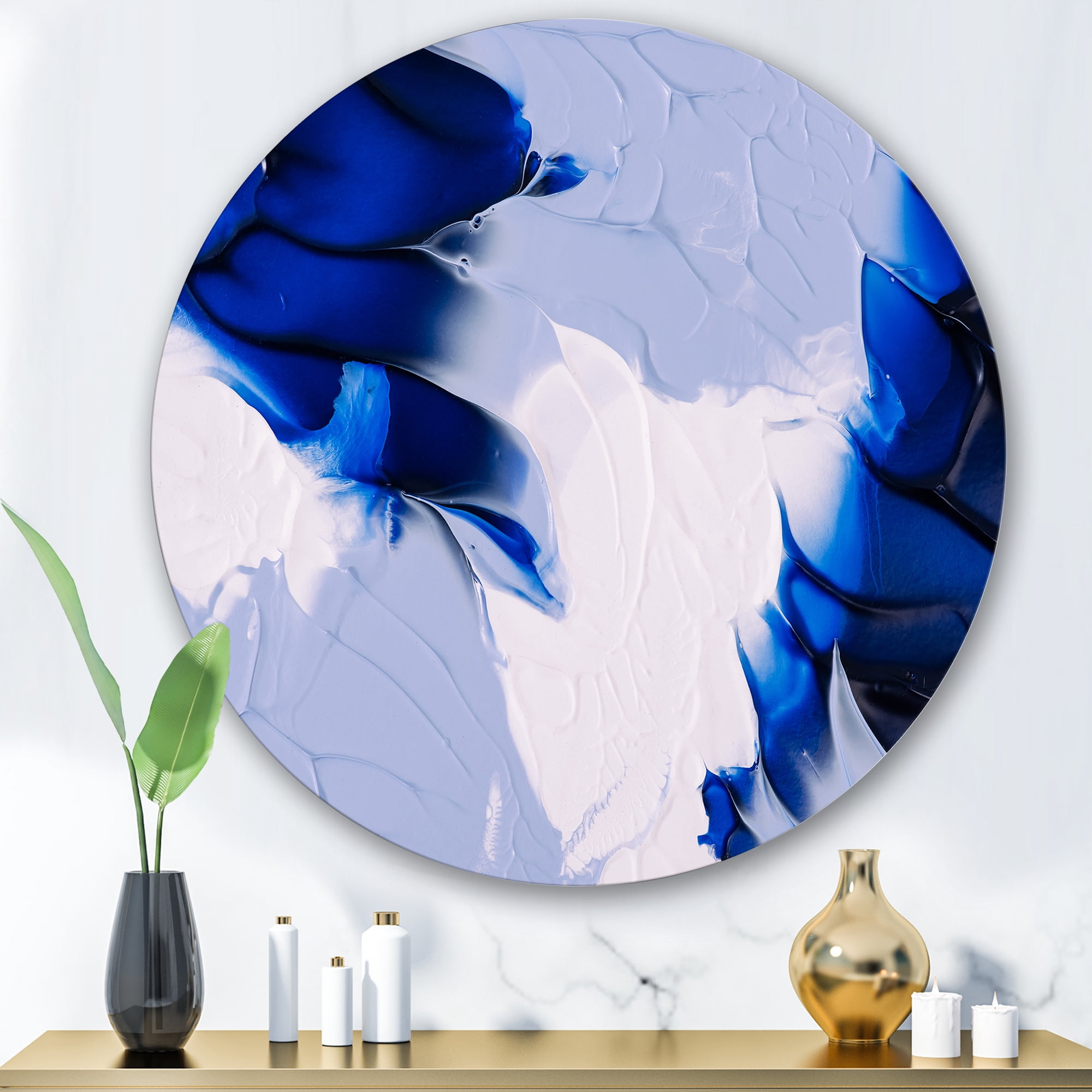 Designart 'Abstract White and Blue Grey Waves' Modern Circle Metal Wall Art 36x36 - Disc of 36