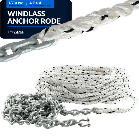 Five Oceans Windlass Anchor Rode and Chain, Hand-Spliced Anchor Rope and Chain Kit, 1/2" x 100' Nylon 3-Strand Rope, 1/4" x 15' G4 Hot-Dipped Galvanized Steel Chain for Boat Anchor System - FO4286