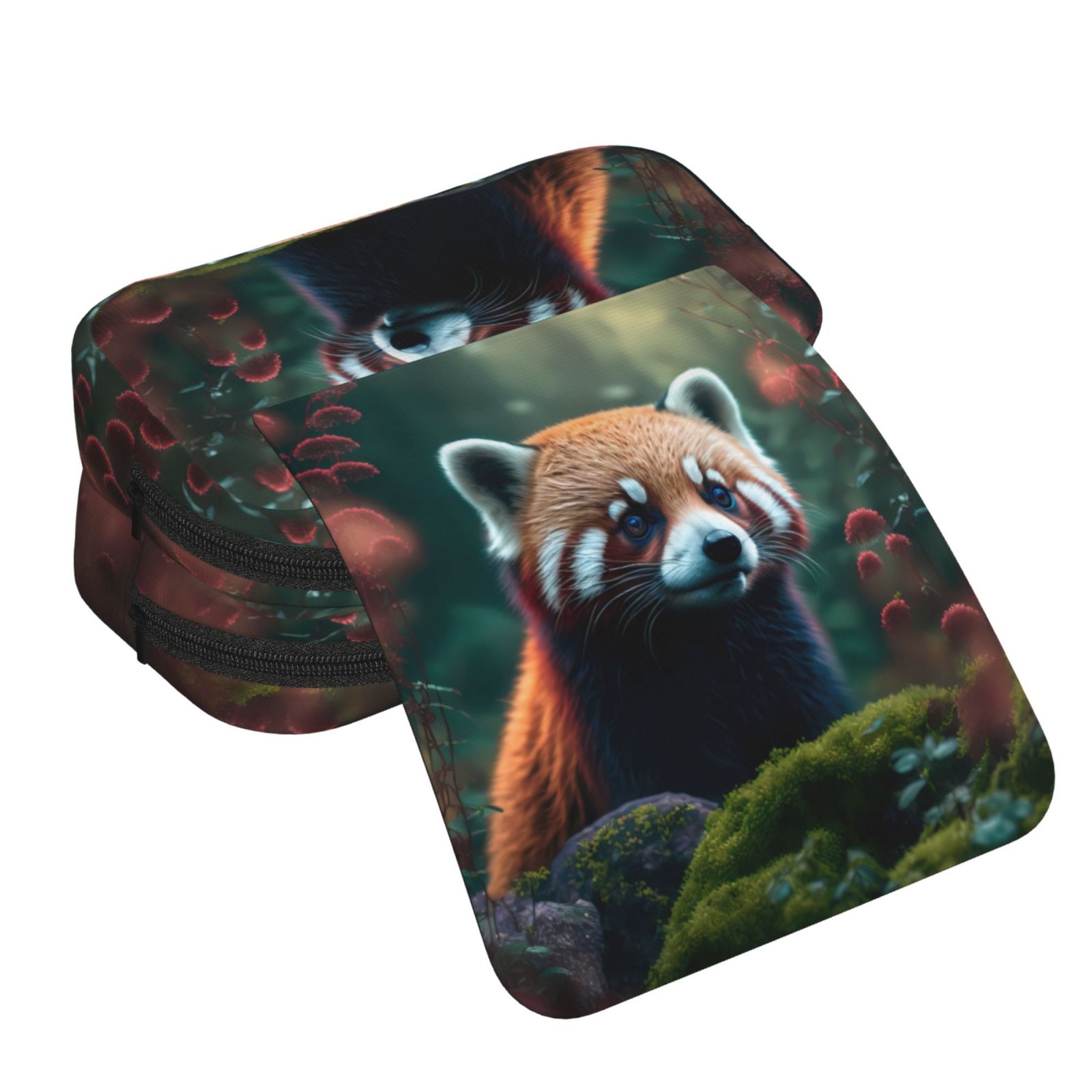Rateoe Forest Plant Raccoon Pattern Double Clamshell Pen Case, Storage Organizer with Two Zipper Compartments– Holds Up to 50 Pencils & Pens