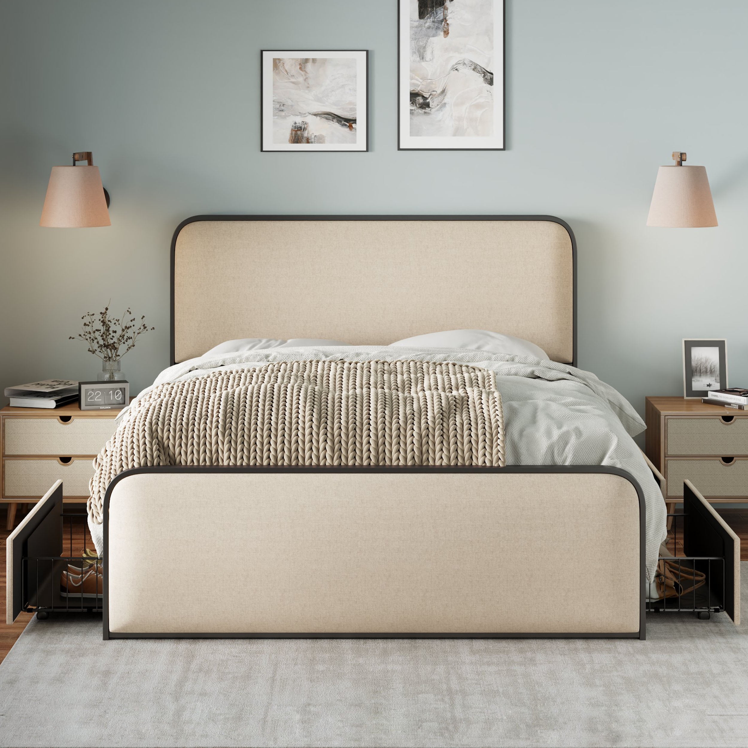 MAYEERTY Queen Metal Bed Frame Curved Upholstered Headboard 4 Drawers for Bedroom Beige