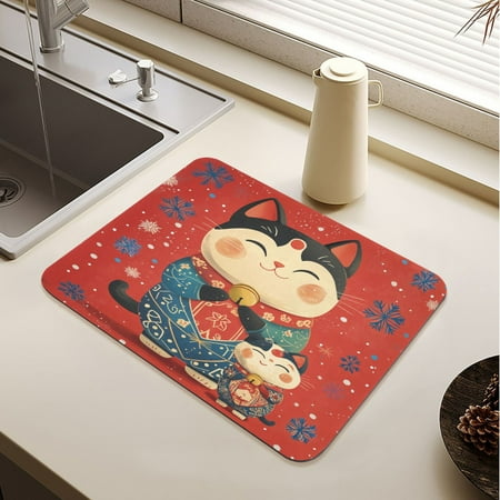 

Illustration Of Fortune Cats with Blue Snowflakes Drying Mat Diatomaceous Earth Super Absorbent Non-slip Rubber Sole Heat Resistant 230 Degrees Fahrenheit 15.7×11.8in