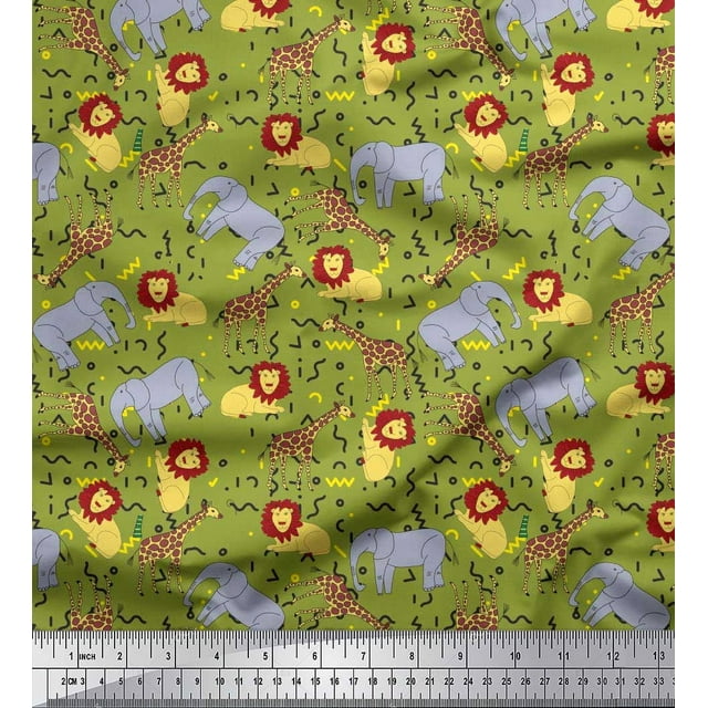 Soimoi Green Poly Georgette Fabric Lion,Giraffe & Elephant Kids Fabric Prints by Yard 52 Inch Wide
