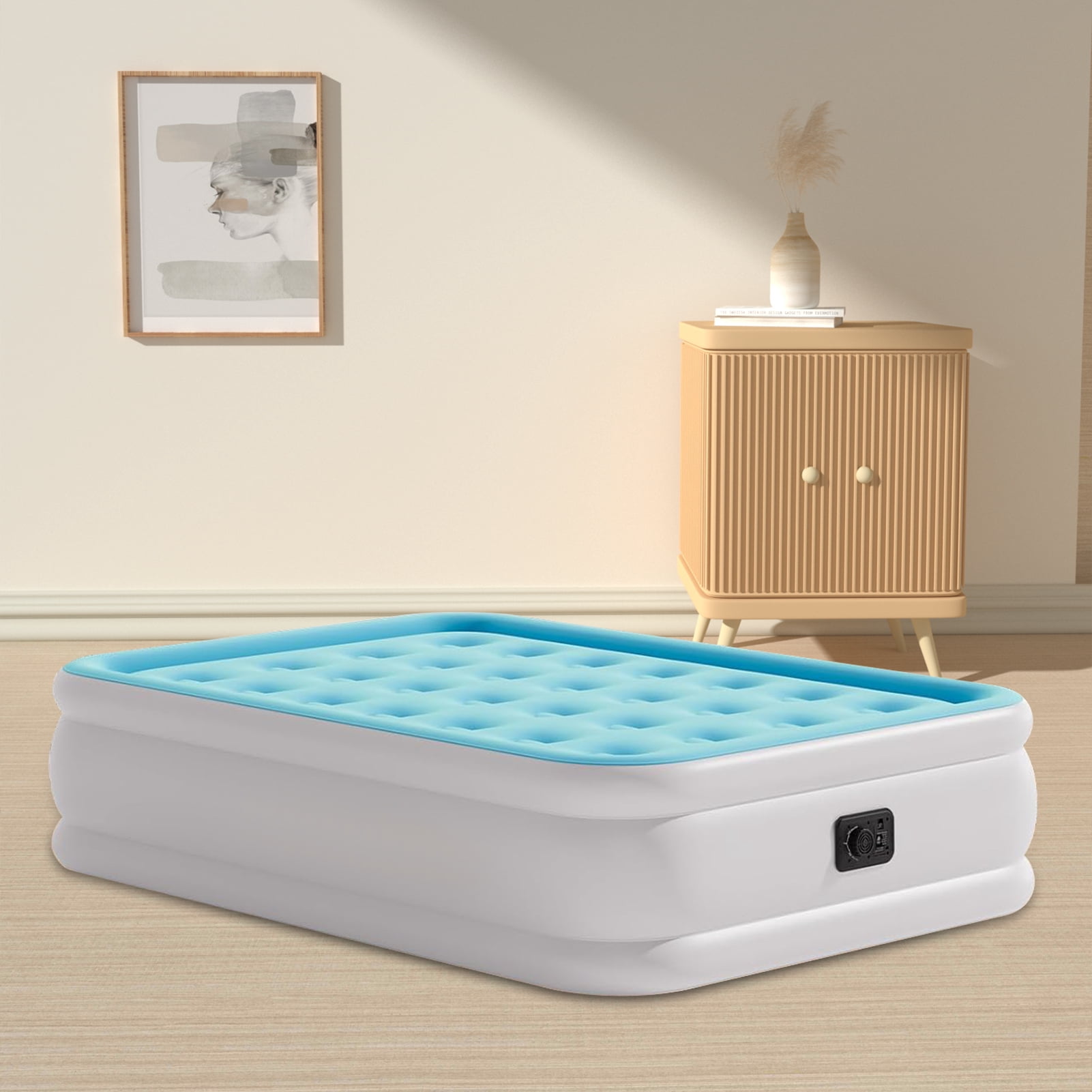 Full Air Mattress with Built-in Pump 18" Top Flocking,Raised Comfort,Fast Inflation/Deflation Foldable Portable Air Bed with Storage Bag for Home,Camping,Guests Light Blue