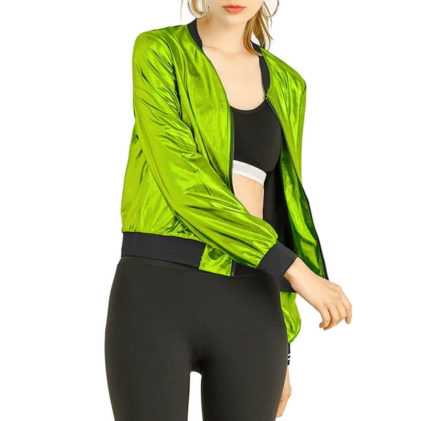 INSPIRE CHIC Women's Casual Stand Collar Metallic Zip Crop