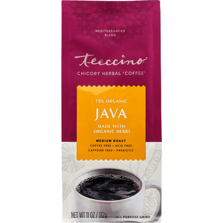 Teeccino Java Chicory Coffee Alternative - Ground Herbal Coffee That’s Prebiotic, Caffeine Free & Acid Free, Medium Roast, 11 Ounce