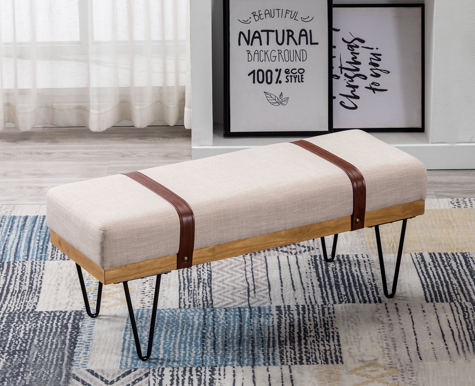 Guyou Modern Linen Rectangle Ottoman Bench with Two Straps and Metal