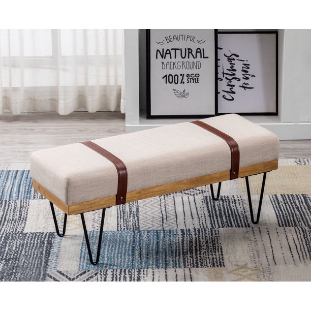 Guyou Modern Linen Rectangle Ottoman Bench with Two Straps and Metal