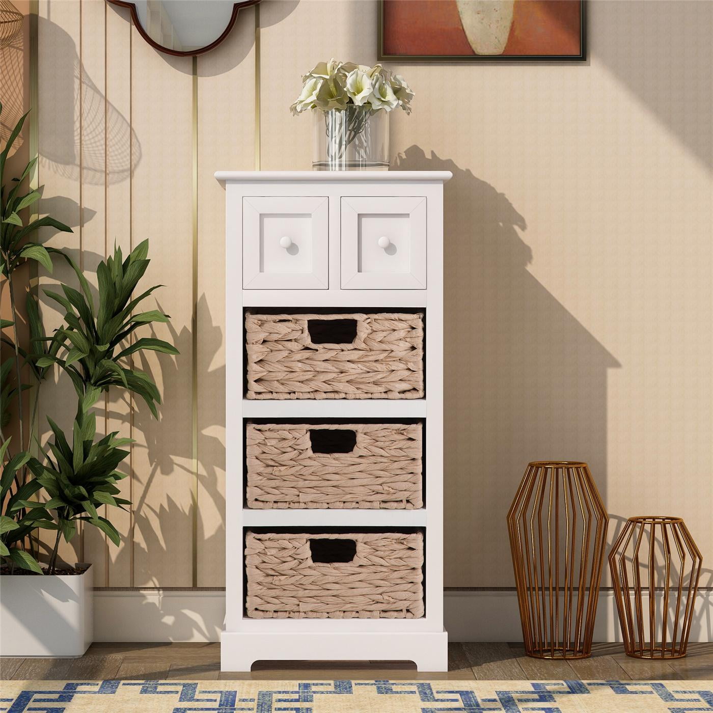 Vintage End Table Storage with 3 Baskets for Livingroom Accent