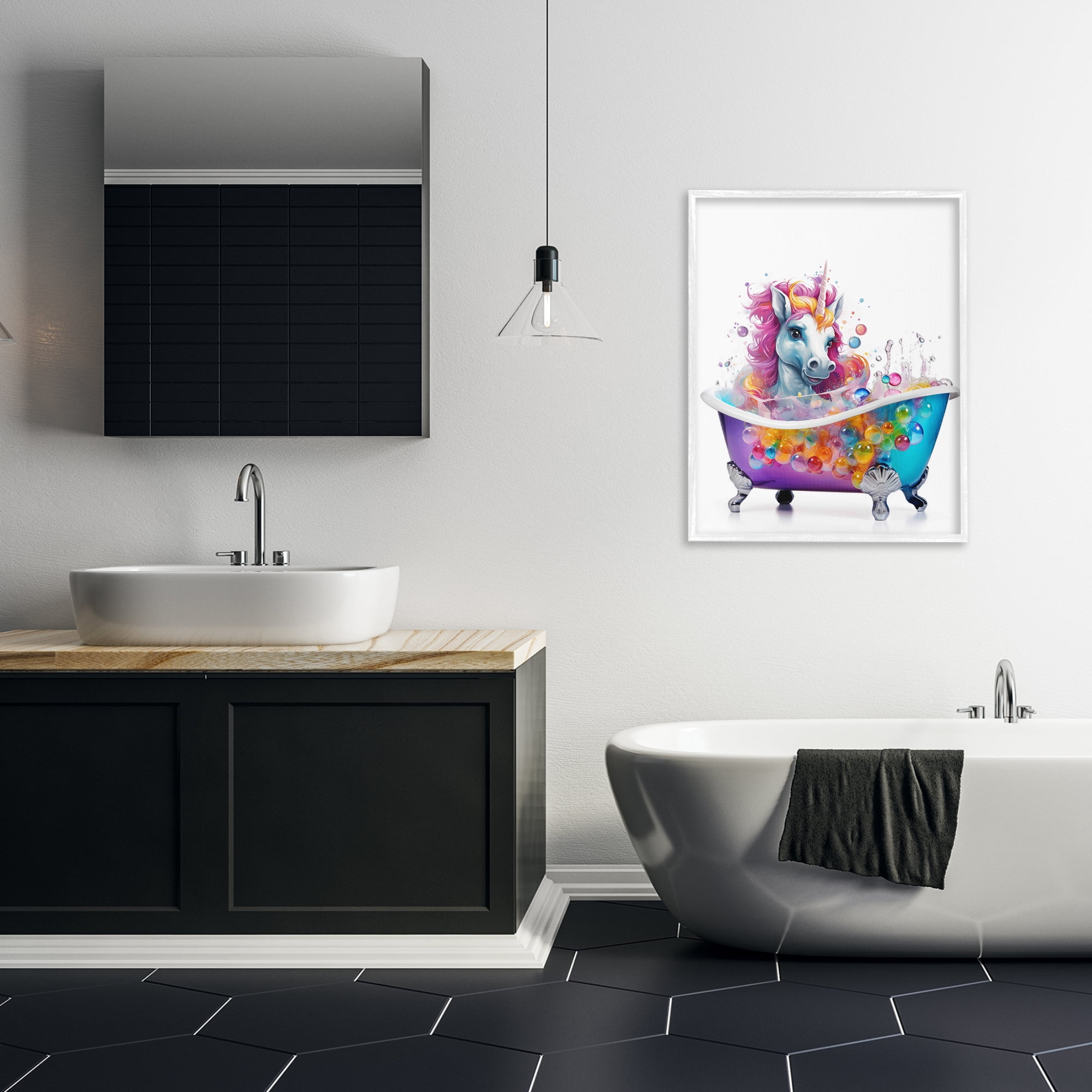 Stupell Industries Rainbow Bubbles Unicorn Typography Painting White Framed Art Print Wall Art, 24 x 30