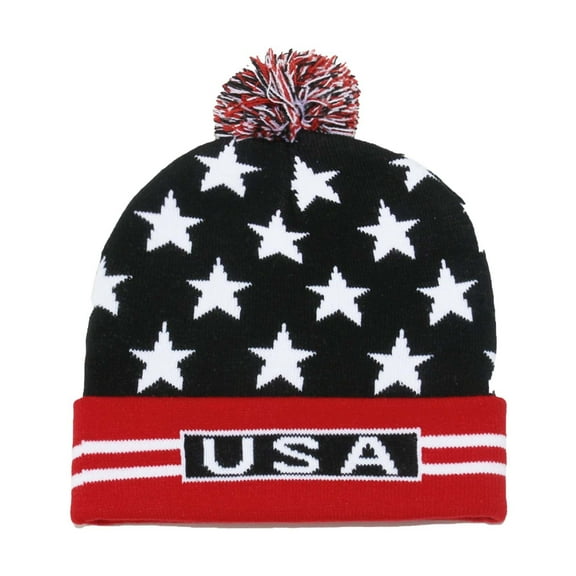 Women Mens American Flag Beanie Knit Unisex Stripes and Stars USA Flag Patriotic Cuffed Hat with Pom Pom