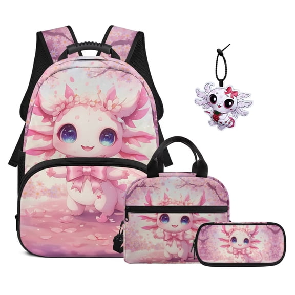 Yuyamidu Pink Axolotl Kids Backpack for School with Lunch Box Cute Bookbag for Middle School 6th Grade and Lunch Tote Pencil Bag 4 in 1 Student Schoolbag with Lunch Bag for Girls 10-12
