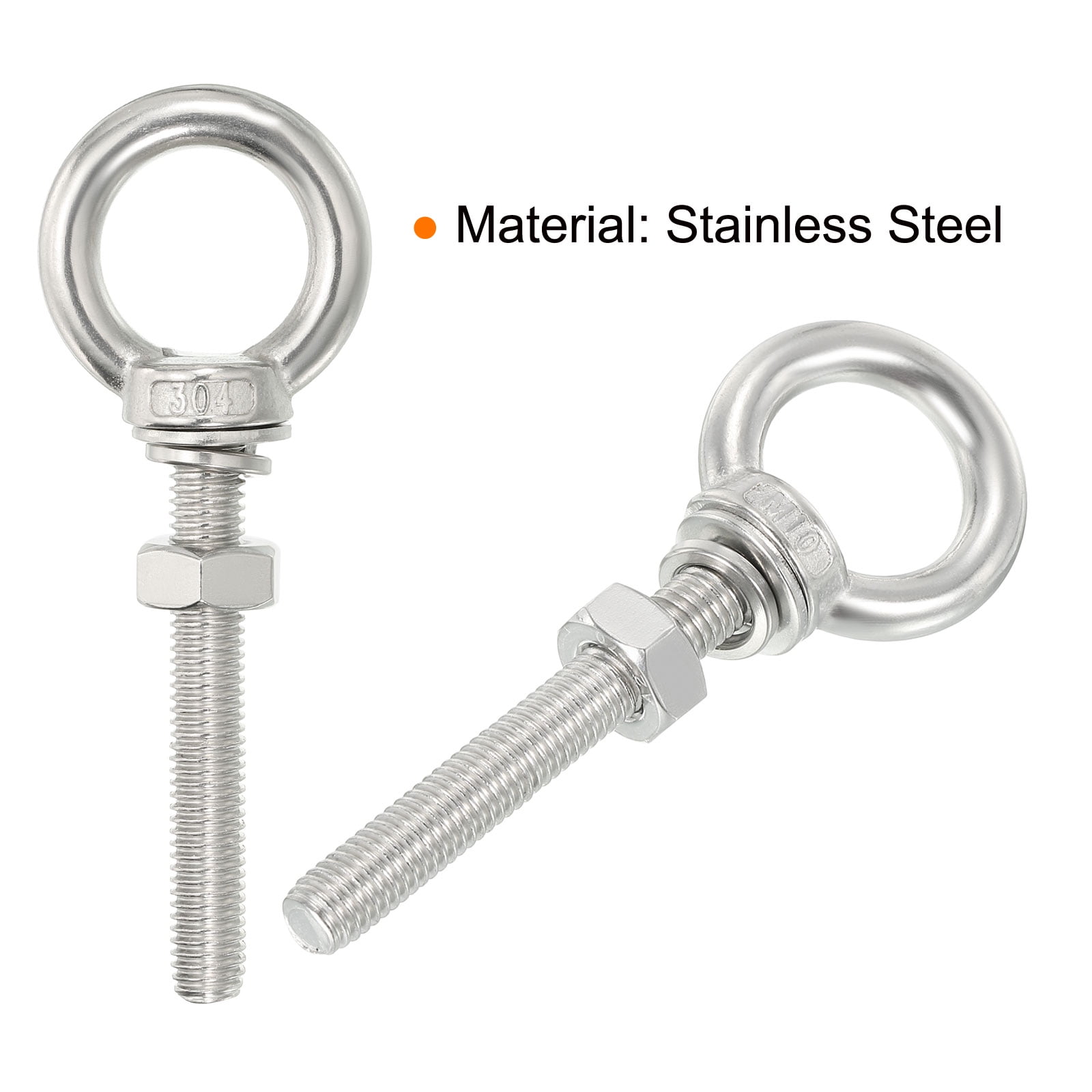 M10x60 3/8"x3.15" Stainless Steel Eye Bolts Threaded Screw Eyebolt Shoulder Ring with Nuts Washers 2 Set