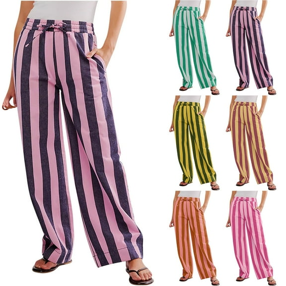 Frostluinai Women's Wide Leg Pants Drawstring Striped Cotton High Waist Casual Long Palazzo Trousers with Pockets