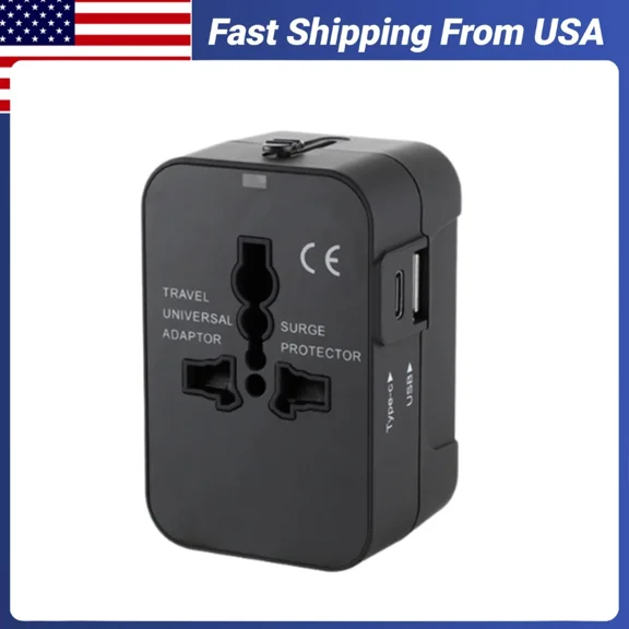 Travel Adapter, Worldwide All in One Universal Travel Adaptor AC Power Plug Adapter Wall Charger with USB-C and USB-A Charging Ports for USA EU UK AUS Black
