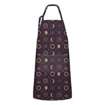 Dark Purple Sun Moon Star Pattern Apron-Garden Aprons for Women with Pockets-Cotton Linen Waterproof Kitchen Cooking Gardening Aprons Adjustable for Kitchen,Cooking,BBQ and Salon 33x27 Inch