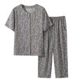 thumbnail image 2 of 2 Pcs/Set Women Top Pants Set V Neck Loose Type Mid Waist Long Pants Soft Grandma Style Plus Size Elastic Waist Summer Pajamas Set for Daily Wear, 2 of 7
