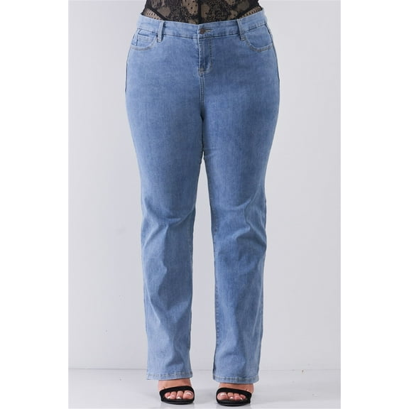 Plus Mid-wash Blue Denim Low-rise Wide-leg Upsized Basic Dad Jeans 24