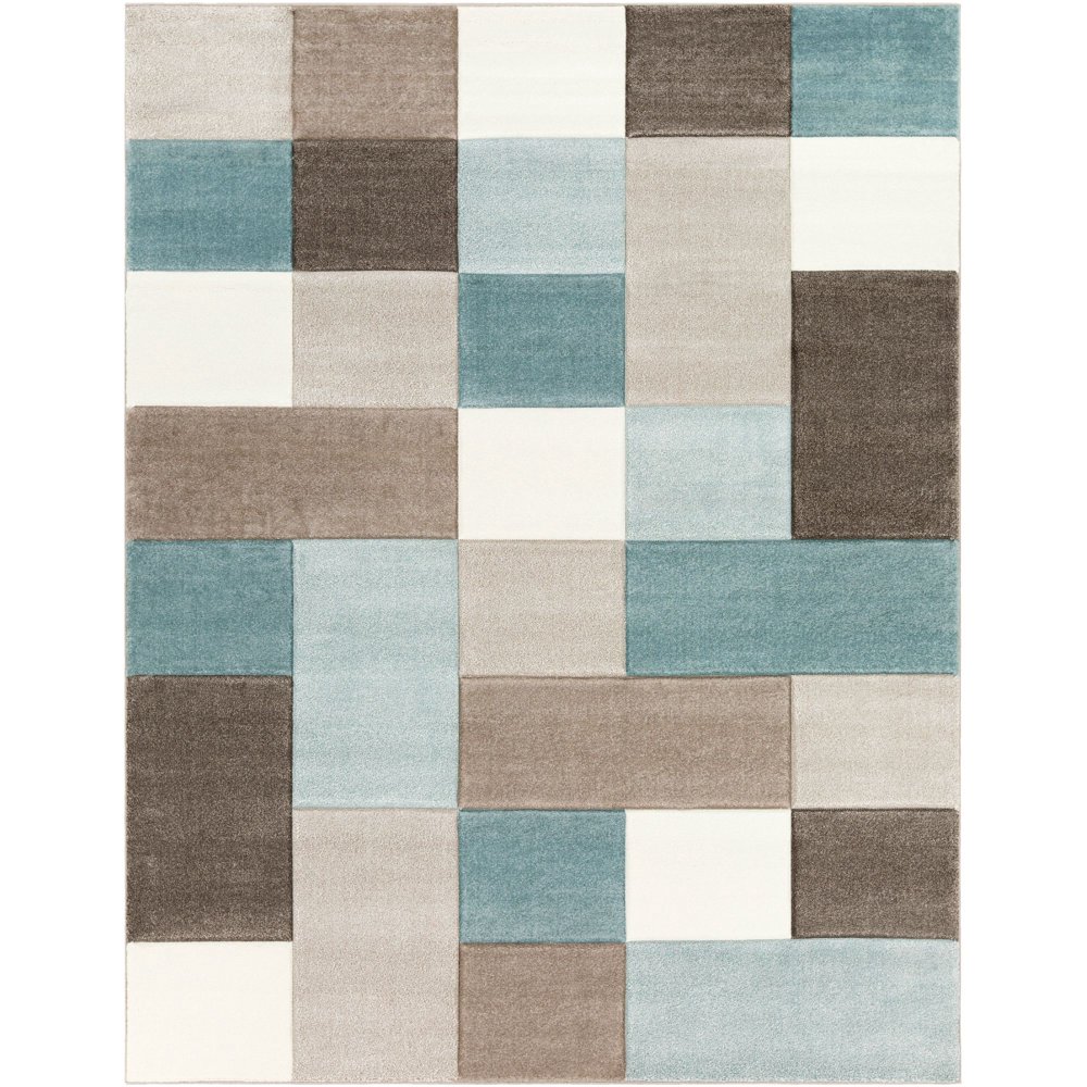 7.8' x 10.1' Blue and Brown Checkered Pattern Rectangular Area Throw Rug