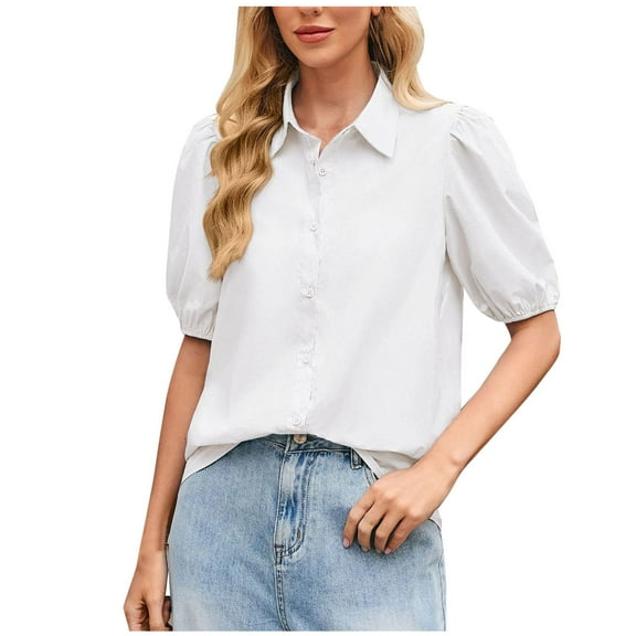 Kaemgyyd Shirts for Women Vintage Half Sleeve Button down Work Tops Summer Solid Color Cute Collared Blouses