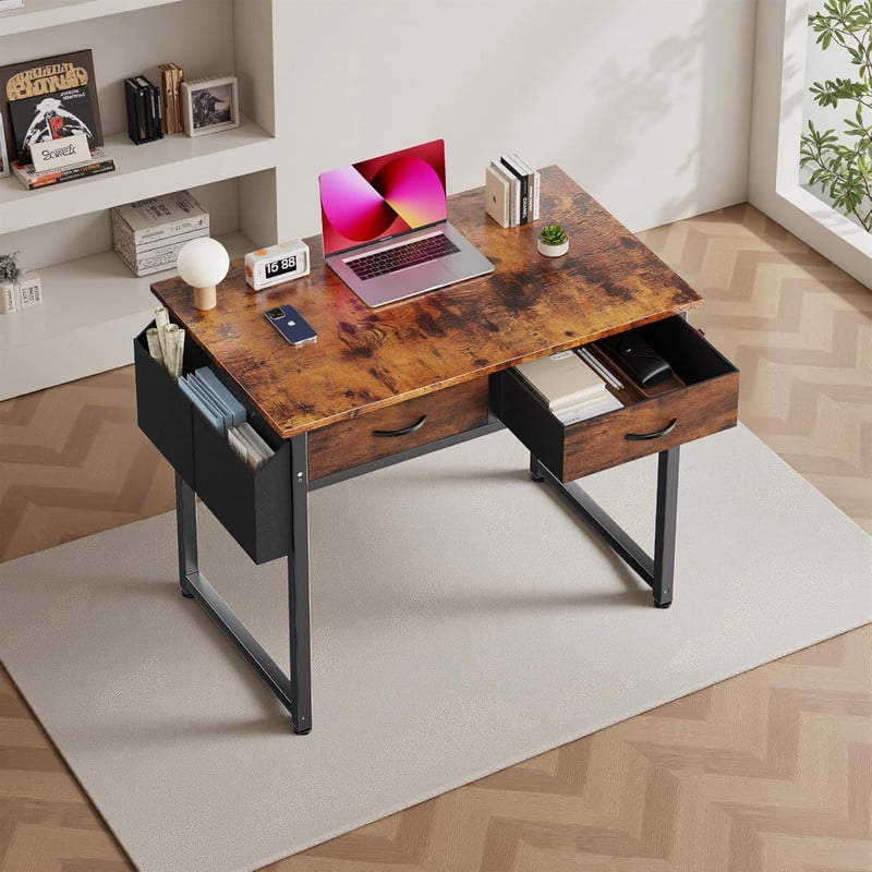 Kelno 32 Inch Computer Desk with 2 Fabric Drawer Storage Bag Iron Headphone Hook Vanity Writing Table, Rustic Brown